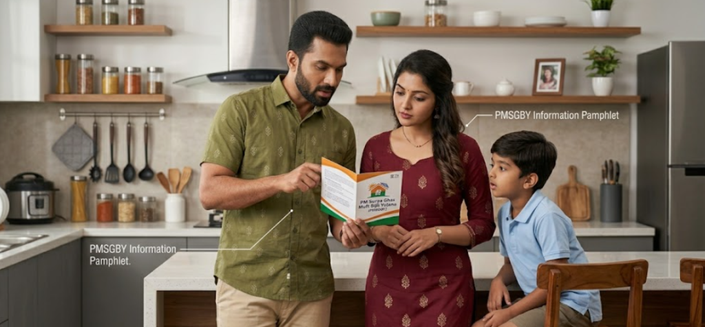 A modern Indian family in a kitchen reviewing a PM Surya Ghar Muft Bijli Yojana (PMSG-BY) 2026 update guide. The father explains the solar subsidy and eligibility details from a pamphlet to his wife and son, illustrating how families can apply online for free electricity and reduce high power bills.