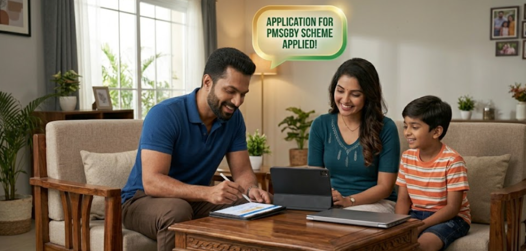 A happy Indian family in their living room successfully completing the PM Surya Ghar Muft Bijli Yojana (PMSGBY) 2026 online application on a tablet. A notification bubble confirms "Application for PMSGBY Scheme Applied," showcasing the easy registration process for the solar subsidy and free electricity scheme.