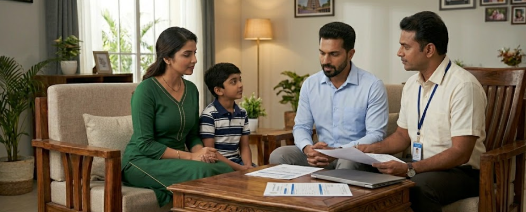 A PM Surya Ghar Muft Bijli Yojana (PMSGBY) official conducting a home visit for document verification with a young Indian family. The father, mother, and son are seated in their living room reviewing solar subsidy eligibility forms and 2026 scheme updates, illustrating the final steps of the PMSGBY application process.
