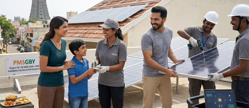 A Madurai family smiles during the installation of a rooftop solar panel system, supported by the PM Surya Ghar Muft Bijli Yojana (PMSGBY). The project banner with an ID and installer details is visible, highlighting the direct impact of the government subsidy. Workers prepare to mount panels while an engineer uses a tablet-based monitoring system, emphasizing the technology and subsidy-driven process.
