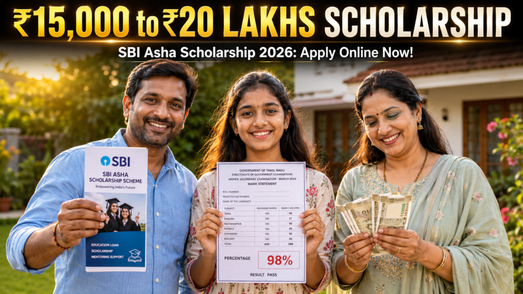 Indian family celebrating a student's academic success in their home backyard. The daughter proudly displays a Tamil Nadu Class 12 marksheet showing 98%, while her father holds an SBI Asha Scholarship brochure and her mother happily counts Indian currency notes. A bold headline promotes the SBI Asha Scholarship 2026 offering scholarships from ₹15,000 to ₹20 lakhs.