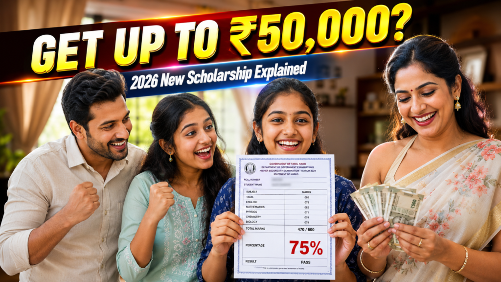 Indian family celebrating a student's academic success, with a Class 12 student proudly showing her marksheet, parents expressing happiness, and a scholarship-themed banner highlighting NSP Scholarship 2026-27 benefits, eligibility, OTR registration, and application guidance.