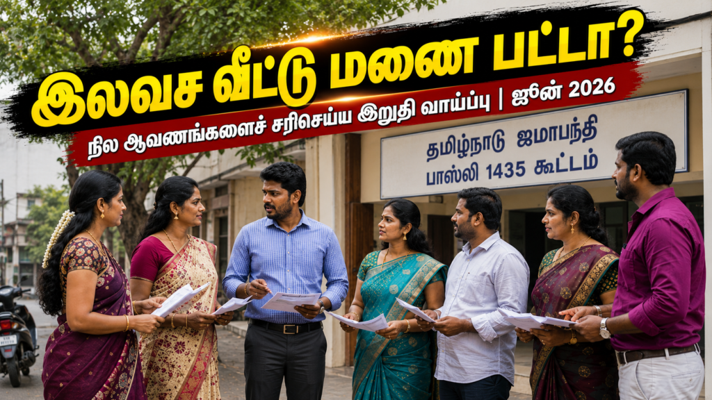 **Alt Text:** A group of Tamil men and women holding petitions and discussing land-related documents outside a Tamil Nadu Jamabandi Fasli 1435 meeting hall during a public land records verification camp.