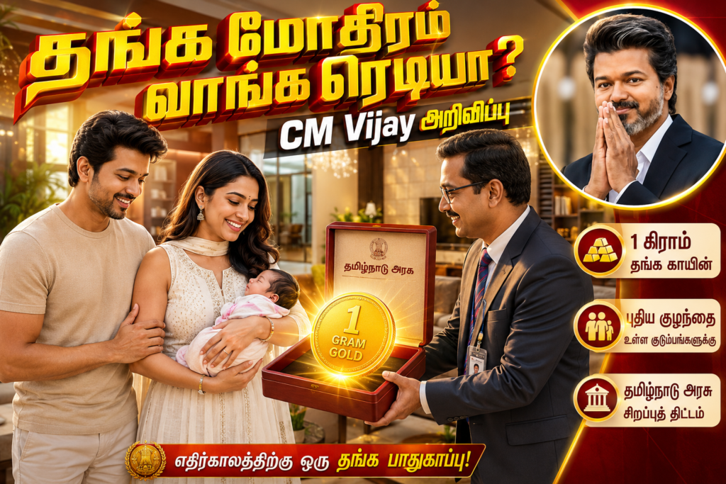 Happy Indian parents holding their newborn baby while a government official presents a prominent 1-gram gold coin in a Tamil Nadu Government gift box, symbolizing the CM Vijay Thai Maaman Thanga Mothiram Scheme 2026, with a circular photo of CM Vijay displayed on the top-right corner.