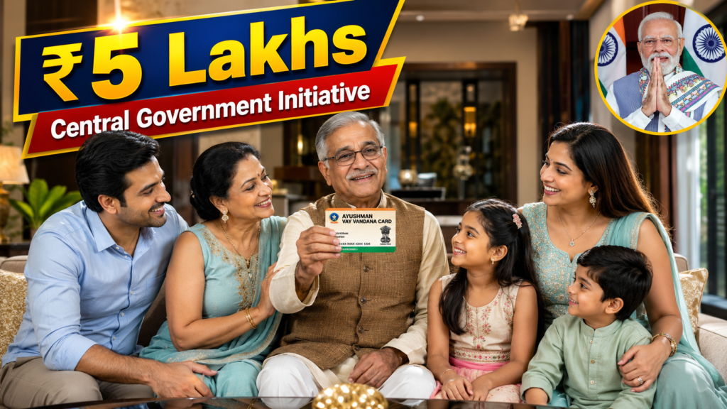 A happy three-generation Indian family sitting together in a modern home while the grandfather proudly displays the Ayushman Vay Vandana Card, symbolizing the Central Government's ₹5 lakh free health insurance coverage for senior citizens aged 70 years and above.