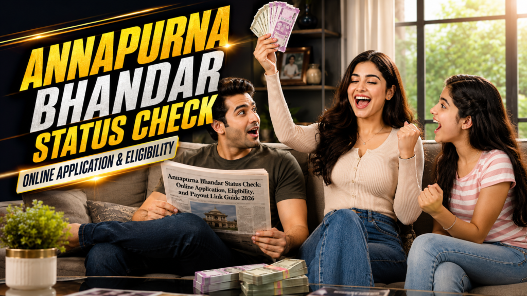 A happy Bengali family sits together in a modern living room. The mother raises a bundle of Indian currency in celebration while smiling joyfully. The father, holding a newspaper about the Annapurna Bhandar Status Check 2026, and the daughter look at her with excitement. A large Hollywood-style title reads “Annapurna Bhandar Status Check” with the subtitle “Online Application & Eligibility.”