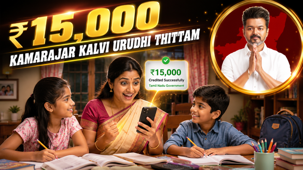 Tamil mother happily checks her phone after receiving a ₹15,000 Tamil Nadu Government benefit notification while her two children study at home. A large “₹15,000 Kamarajar Kalvi Urudhi Thittam” title appears at the top, with a leader's portrait displayed inside a golden circle.
