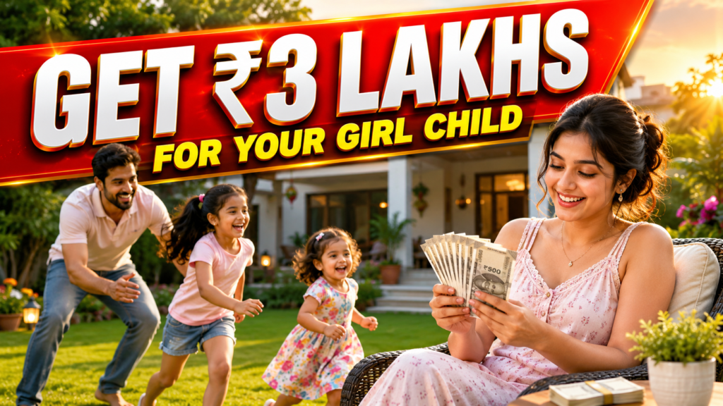 A happy modern Indian family in their backyard, where the father plays with his two daughters while the mother happily counts cash, with a bold "Get ₹3 Lakhs for Your Girl Child" banner highlighting the Tamil Nadu Chief Minister's Girl Child Protection Scheme.