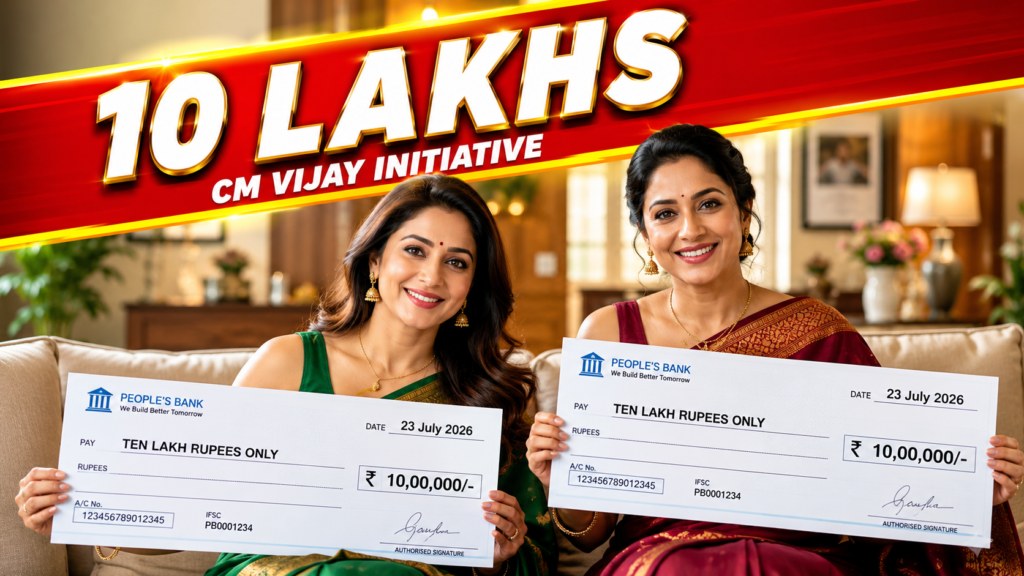 Two South Indian women in elegant sarees sit together in a modern living room, smiling while holding large ₹10 lakh cheques dated 23 July 2026 beneath a bold "10 LAKHS – CM VIJAY INITIATIVE" banner, symbolizing financial assistance for the TWEES Scheme Tamil Nadu 2026.