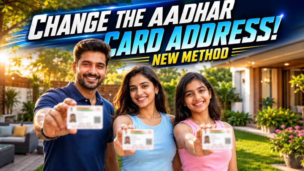 A modern Indian family stands happily in the backyard of their home, smiling and showing blurred Aadhaar cards to the camera beneath a bold Hollywood-style headline about updating an Aadhaar card address using the Head of Family (HOF) method.