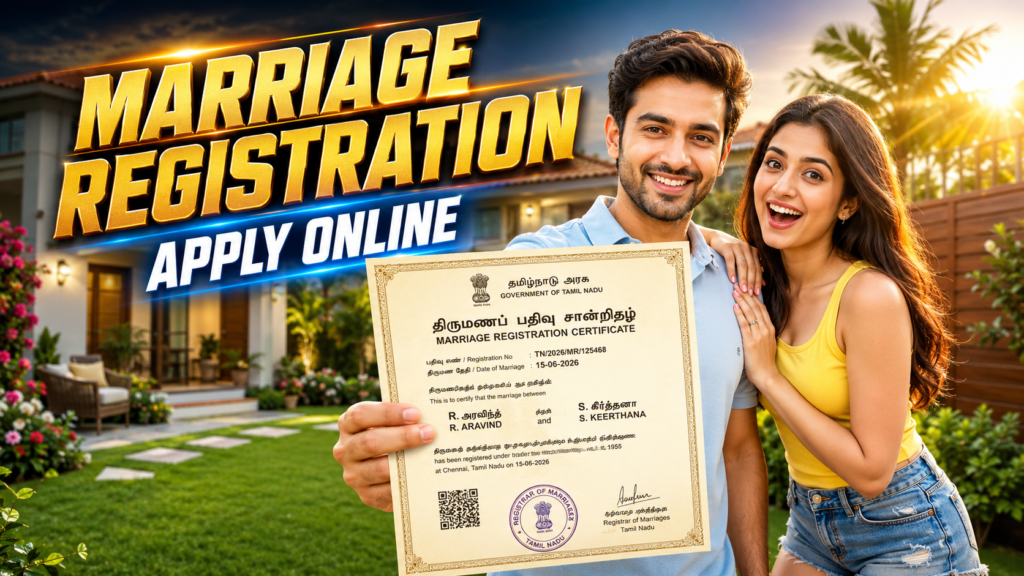 A happy young Indian couple stands in the backyard of their home, with the husband proudly showing a Tamil Nadu Marriage Registration Certificate to the camera while the wife celebrates. The thumbnail highlights the online marriage registration process in Tamil Nadu for 2026.