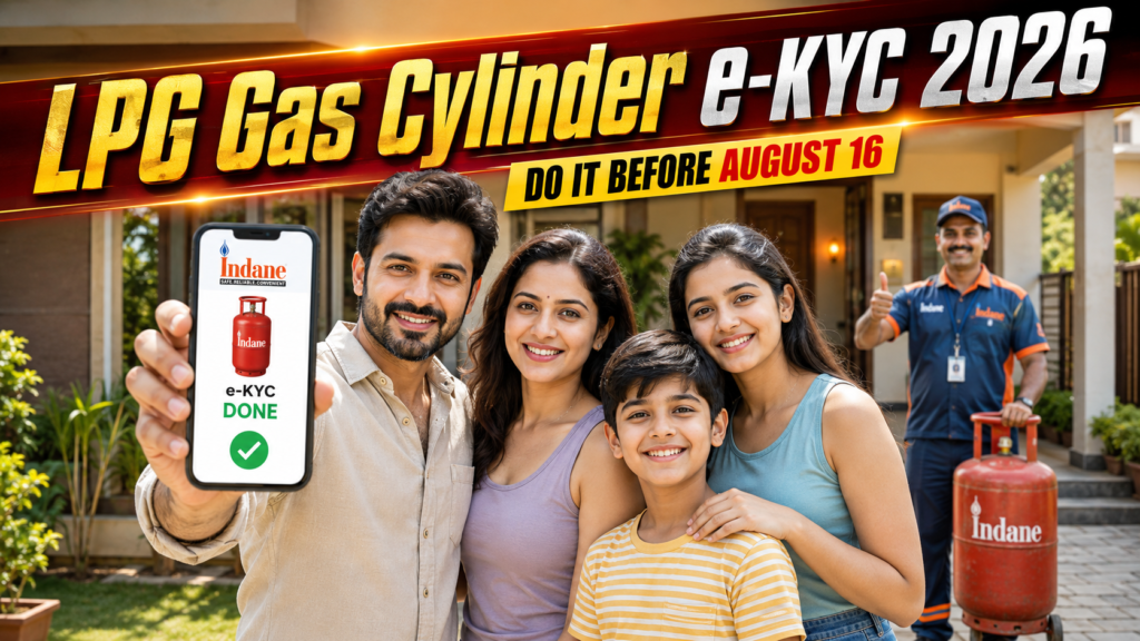 LPG Gas Cylinder e-KYC 2026 showing a South Indian family completing LPG e-KYC online with Indane cylinder verification