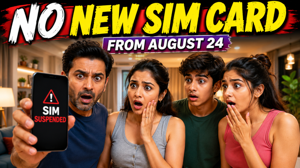 Indian family shocked while a man shows a smartphone displaying “SIM Suspended,” illustrating India’s DoT SIM card and mobile connection limit rules.