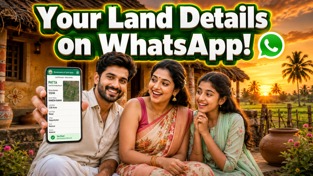 A happy Tamil family sits outside a traditional village hut at sunset while the father proudly shows a smartphone displaying Tamil Nadu digital land Patta details, highlighting WhatsApp-based land and property registration services.