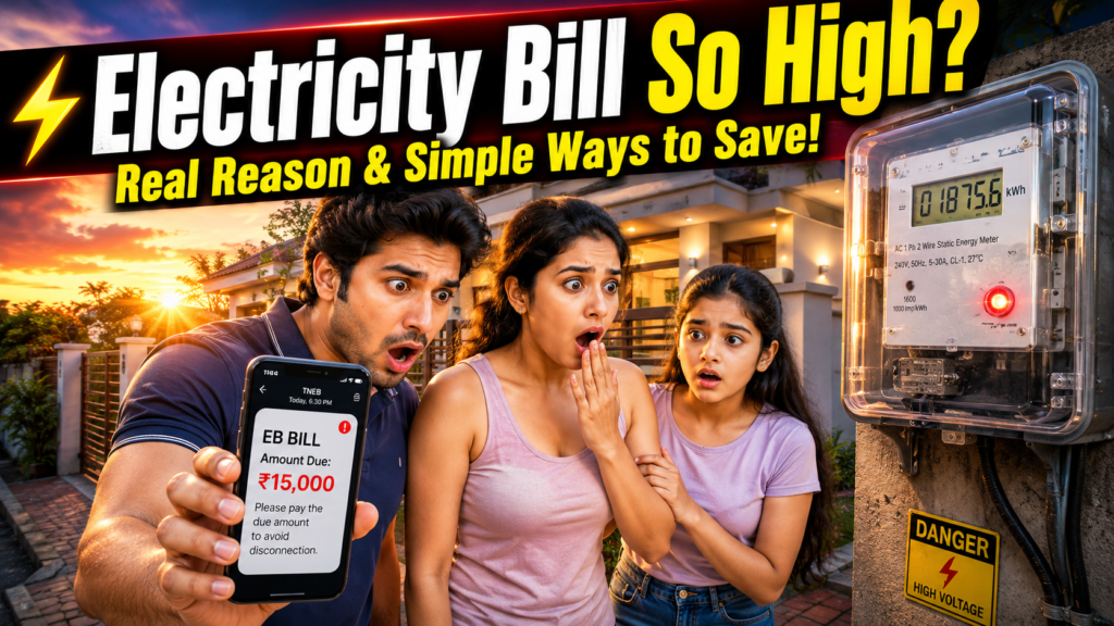 Shocked Tamil Nadu family standing beside their home's electricity meter while the husband checks a ₹15,000 TNPDCL electricity bill SMS on his phone, illustrating how to check electricity bills and units charged online.
