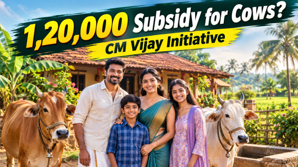 Tamil Nadu Dairy Cow Purchase Loan Scheme 2026 offering ₹1.20 lakh financial support for cattle rearing, shown with a South Indian family and two cows