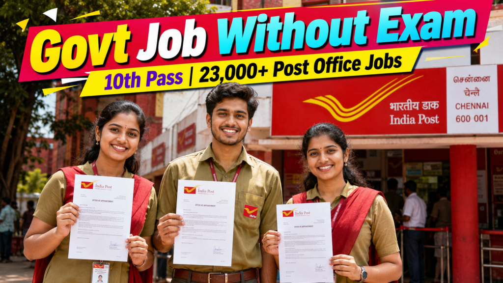 India Post GDS Recruitment 2026 showing three young postal employees holding offer letters for 23,750+ 10th pass vacancies without a written exam