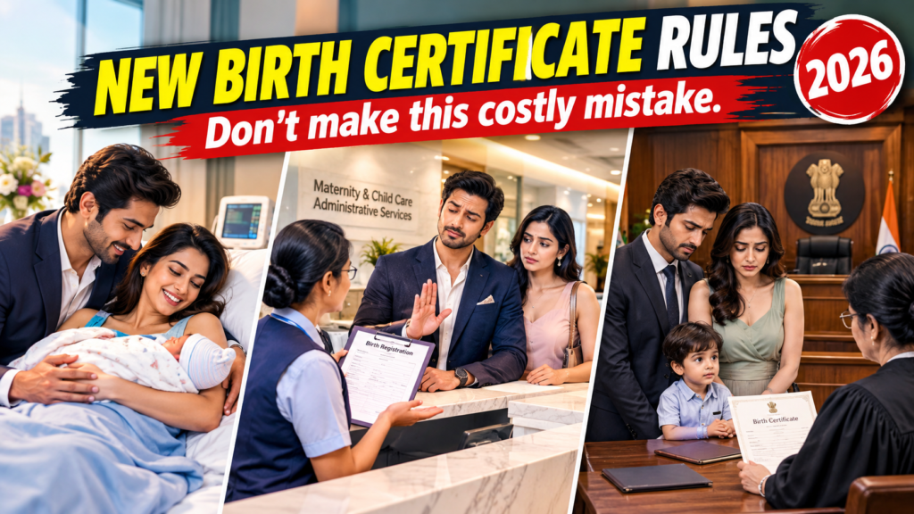A young Indian couple with their newborn baby in a hospital, followed by a birth registration discussion with hospital staff and a courtroom scene two years later, illustrating the importance of birth registration and obtaining a birth certificate in Tamil Nadu.