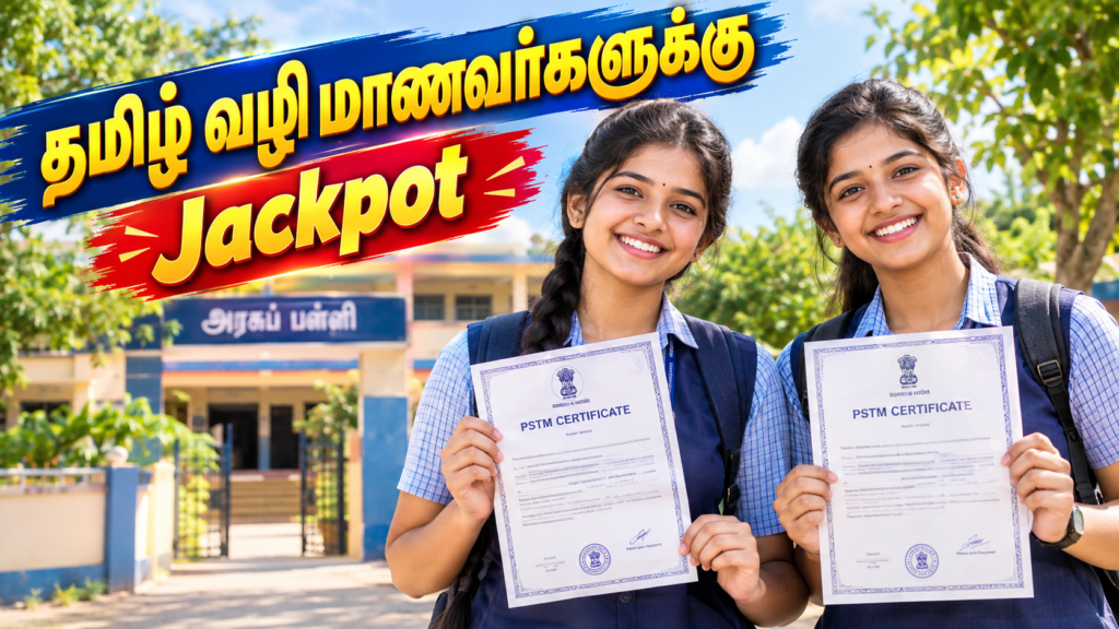 Two Tamil Nadu school students holding PSTM certificates in front of a school, illustrating the Tamil Nadu PSTM Certificate application process, eligibility, and benefits for Tamil-medium students.