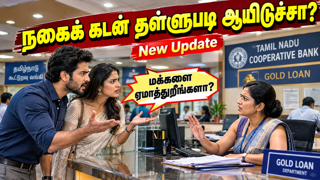 Tamil Nadu gold loan new rules 2026 showing a couple discussing gold loan updates with a cooperative bank employee, including the ₹10,000 per gram limit.
