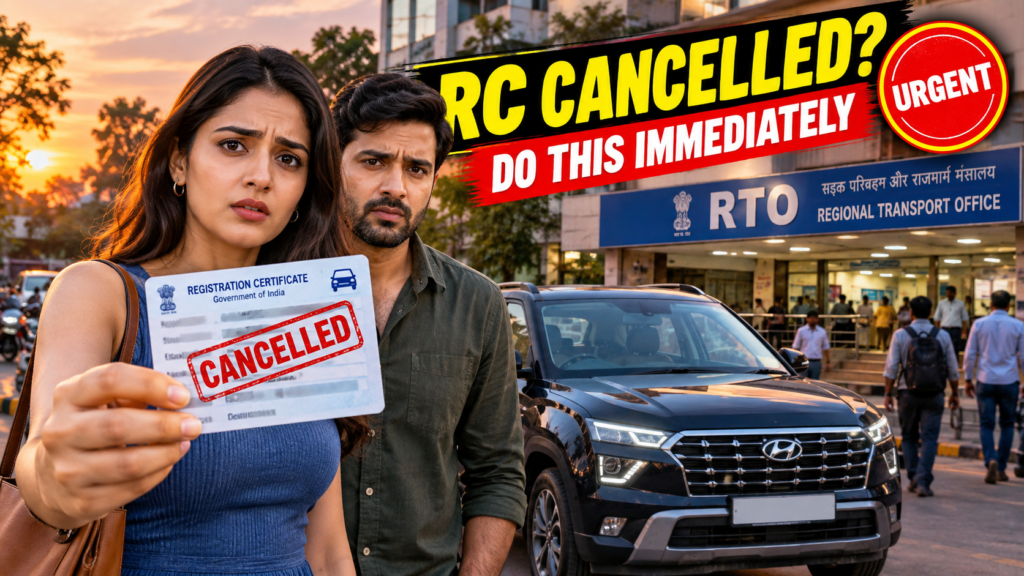 Indian woman holding a vehicle RC card with cancelled stamp outside RTO office, representing e-Challan traffic fine checking and online payment in India 2026